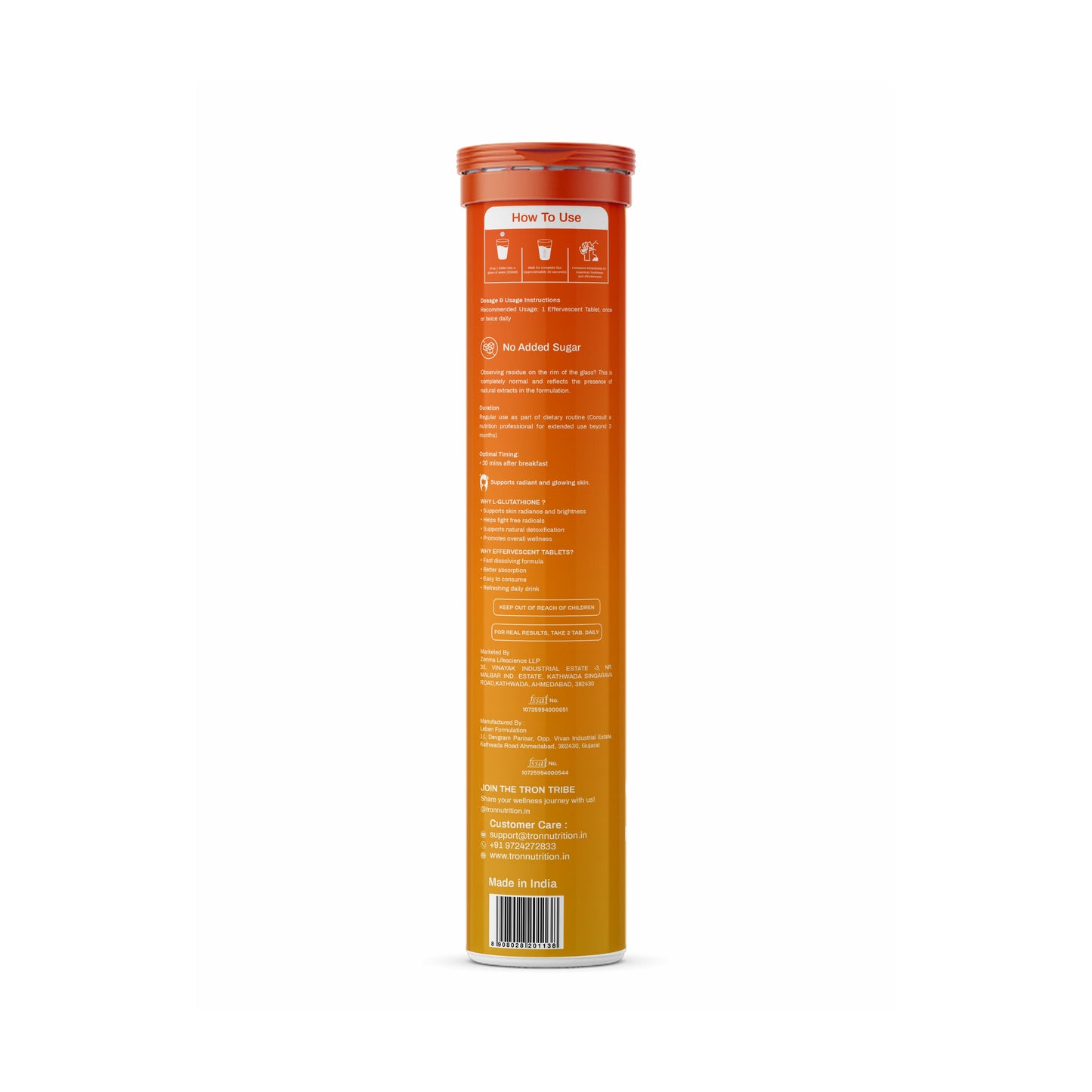 Tron L-Glutathione Effervescent | Skin Glow | Hair Support | Zero Sugar | Orange