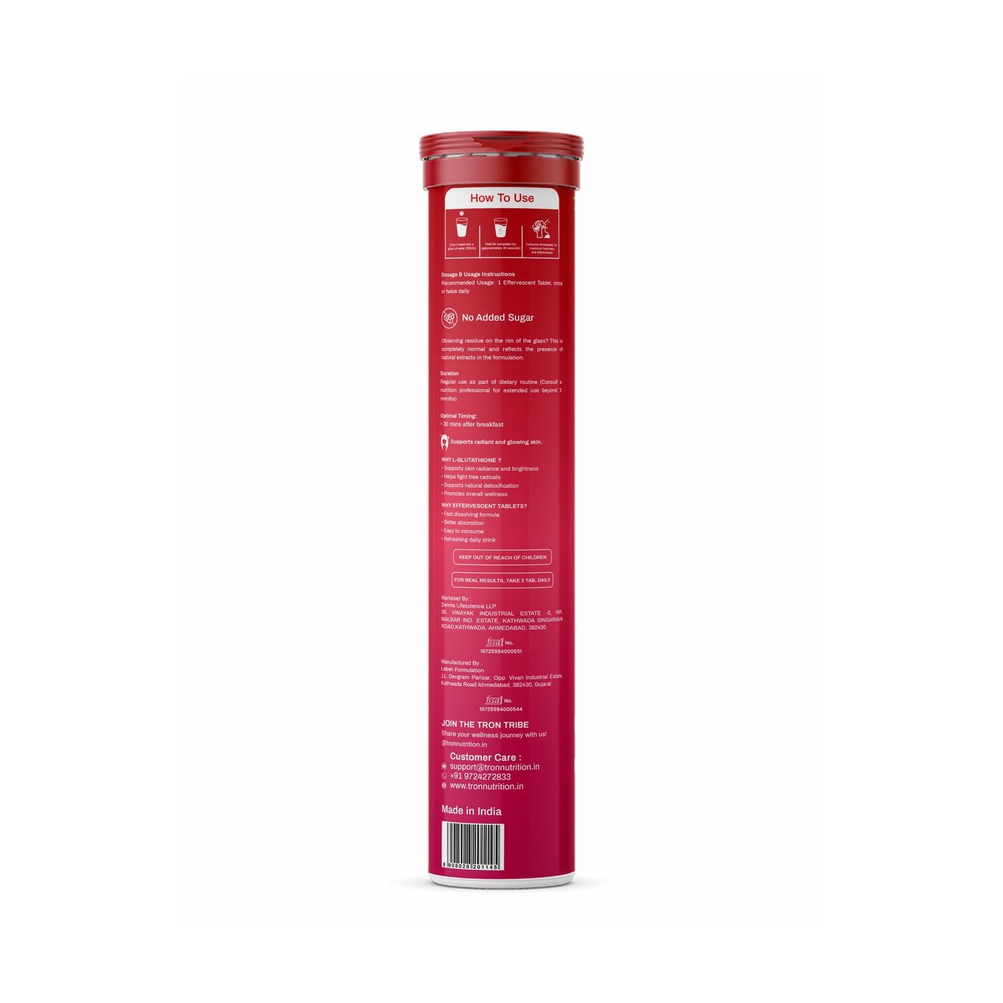 Tron L-Glutathione Effervescent | Skin Glow | Hair Support | Zero Sugar | Strawberry